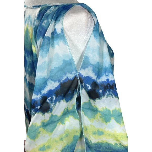 A Byer Womens Blouse Size M Blue Green Watercolor Tie-Front Sheer Open Sleeves - Picture 6 of 10